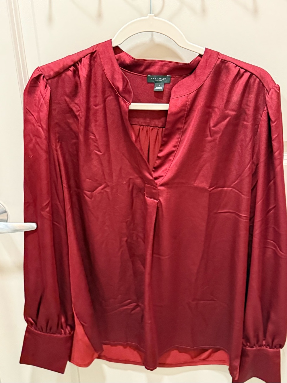 Ann Taylor Ruby Red Satin Split-Neck Blouse
